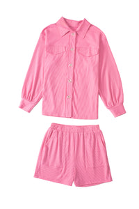 Pink Ribbed Knit Button Top and Shorts Set | Two Piece Sets/Pant Sets