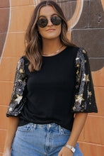 Load image into Gallery viewer, Sequin Top | Black Star Splicing Half Sleeve Top
