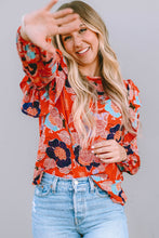 Load image into Gallery viewer, Puff Sleeve Blouse | Fiery Red Floral Print Ruffle
