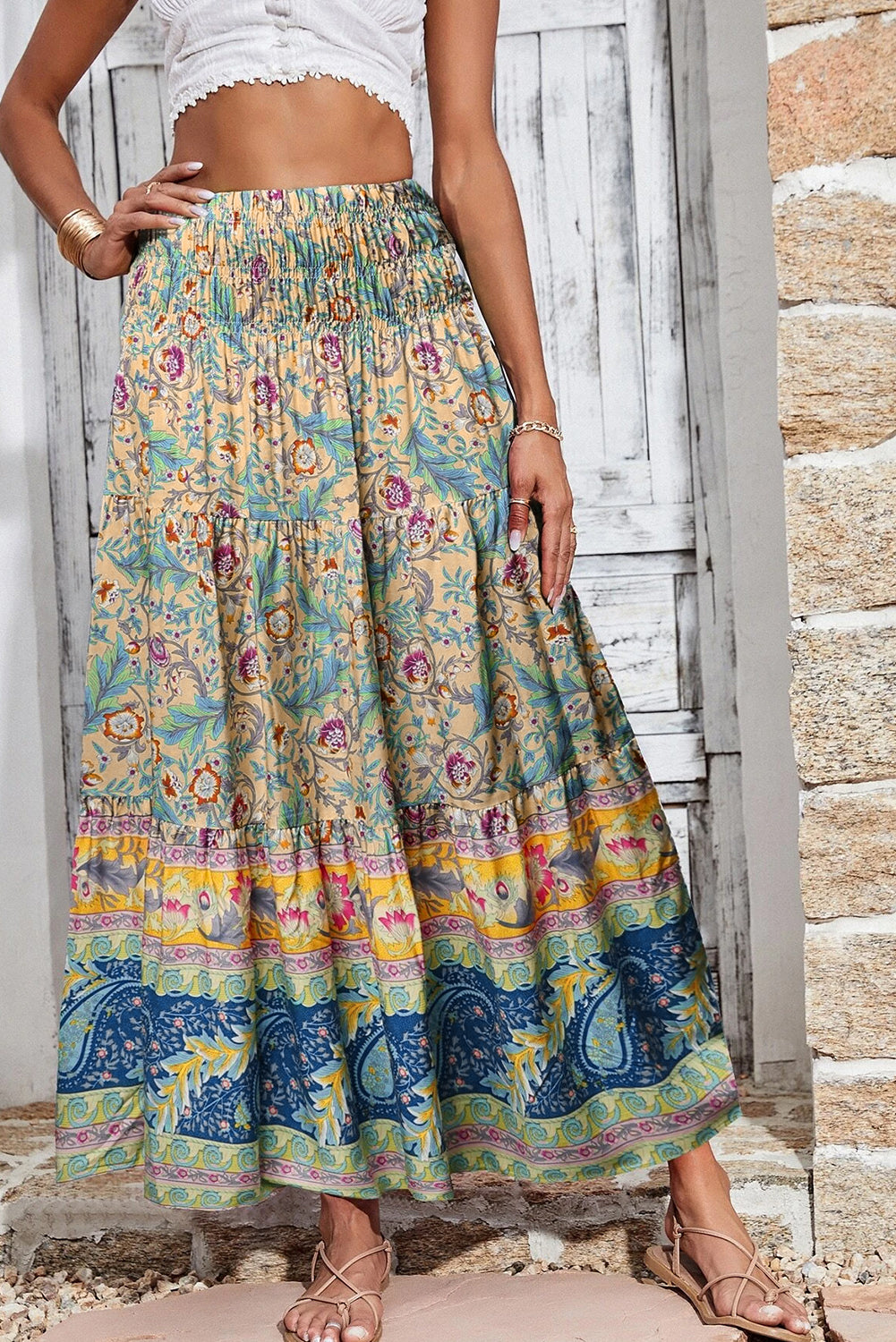 Sky Blue Boho Floral & Paisley Print Shirred Waist Long Skirt | Bottoms/Skirts & Petticoat
