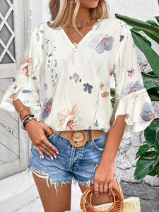 Ruffled Top | Printed V-Neck Half Sleeve Blouse