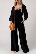 Load image into Gallery viewer, Black Smocked Square Neck Long Sleeve Wide Leg Jumpsuit | Bottoms/Jumpsuits &amp; Rompers
