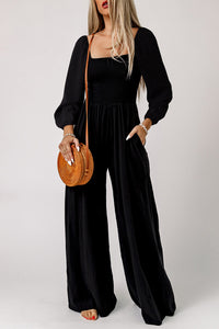 Black Smocked Square Neck Long Sleeve Wide Leg Jumpsuit | Bottoms/Jumpsuits & Rompers