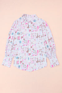 Multicolor Top | Abstract Print Lantern Sleeve Casual Shirt