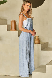 Beau Blue Light Wash Frayed Exposed Seam Wide Leg Denim Overall | Bottoms/Jumpsuits & Rompers