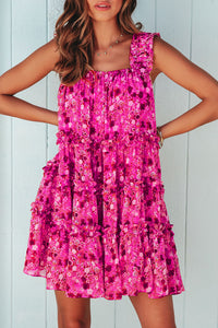 Rose Tiered Ruffled Square Neck Sleeveless Floral Mini Dress | Dresses/Mini Dresses