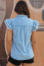 Load image into Gallery viewer, Beau Blue Button Front Ruffled Flutter Frayed Denim Top | Tops/Tops &amp; Tees
