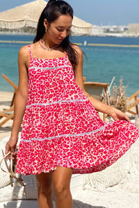 Rose Leopard Print Lace Trim Flared Sundress | Dresses/Mini Dresses