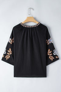 Bohemian Blouse | Black Floral Embroidered V Neck