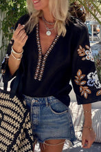 Load image into Gallery viewer, Bohemian Blouse | Black Floral Embroidered V Neck
