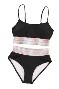 Black Striped Patchwork Spaghetti Strap High Waist Bikini Swimsuit | Swimwear/High Waisted Swimsuit