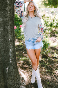 V Neck Top | Gray Floral Lantern Sleeve Patchwork Blouse