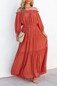 Maxi Dress | Orange Off Shoulder Balloon Sleeve Ruffled