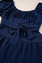 Load image into Gallery viewer, Puff Sleeve Dress | Navy Blue Swiss Dot Crossover Tiered Dress
