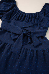 Puff Sleeve Dress | Navy Blue Swiss Dot Crossover Tiered Dress