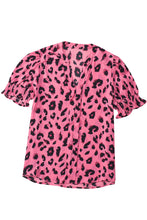 Load image into Gallery viewer, Pink Leopard Notch Neck Bubble Sleeve Blouse | Tops/Blouses &amp; Shirts
