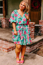 Load image into Gallery viewer, Green Floral Bubble Sleeve Surplice Ruffled Plus Size Dress | Plus Size/Plus Size Dresses/Plus Size Mini Dresses
