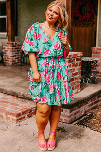 Green Floral Bubble Sleeve Surplice Ruffled Plus Size Dress | Plus Size/Plus Size Dresses/Plus Size Mini Dresses