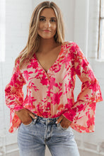 Load image into Gallery viewer, Womens Bodysuit | Pink Floral Print Tiered Bell Long Sleeve Buttoned Bodysuit | Tops/Bodysuits
