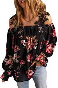 Black Floral Print Lace Patchwork Loose Cold Shoulder Blouse | Tops/Blouses & Shirts