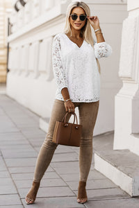 White Lace Top | Floral Crochet Loose Fit V Neck Top