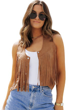 Load image into Gallery viewer, Camel Fringed Snap Button Front Suedette Vest | Outerwear/Jackets
