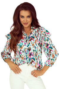 Multicolor Abstract Print 3/4 Puff Sleeve Ruffle Blouse | Tops/Blouses & Shirts