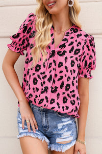 Pink Leopard Notch Neck Bubble Sleeve Blouse | Tops/Blouses & Shirts