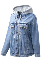 Load image into Gallery viewer, Sky Blue Rhinestone Fringed Hooded Denim Jacket
