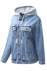 Sky Blue Rhinestone Fringed Hooded Denim Jacket