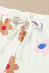 Drawstring Shorts Set | White Floral Long Sleeve Henley Top