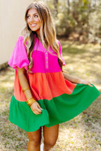 Load image into Gallery viewer, Multicolor Color Block Tiered Puff Sleeve Dress | Dresses/Mini Dresses
