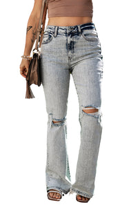 Light Blue Distressed Light Washed Slit Knee Flared Jeans | Bottoms/Jeans