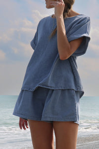 Blue Denim Shorts Set | Cuffed Sleeve Tee Elastic Shorts Set