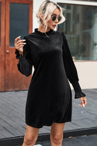 Black Velvet Frill Neck Long Sleeve Shift Dress | Dresses/Mini Dresses