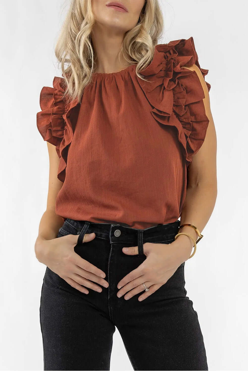 Flutter Sleeve Top | Red Sandalwood Sleeveless Blouse