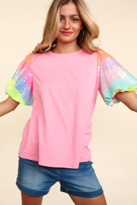 Puff Sleeve Top  | Sequin Color-Block Striped Blouse