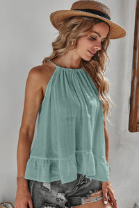 Green Lightweight Ruffle Hem Halter Tank Top | Tops/Tank Tops