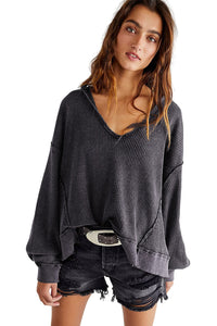 Gray Oversized Drop Shoulder Thermal Knit Top | Tops/Long Sleeve Tops