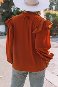 Orange Ruffled Pleated Buttoned V Neck Blouse | Tops/Blouses & Shirts