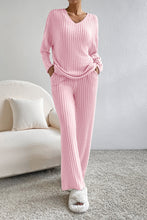 Load image into Gallery viewer, Two Piece Activewear Set | Pink Knit V Neck Slouchy Pants Set
