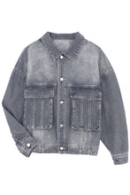 Load image into Gallery viewer, Loose Denim Jacket | Gray Chest Pockets Drop Shoulder Jacket
