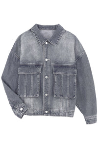 Loose Denim Jacket | Gray Chest Pockets Drop Shoulder Jacket