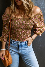 Load image into Gallery viewer, Off Shoulder Blouse | Green Floral Print Shirred 3/4 Sleeve
