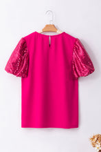 Load image into Gallery viewer, Rose Red Contrast Sequin Puff Sleeve T Shirt
