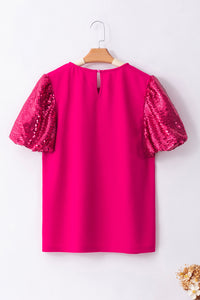 Rose Red Contrast Sequin Puff Sleeve T Shirt