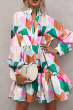 Load image into Gallery viewer, Multicolour Geometric Print Stand Neck Balloon Sleeve Ruffled Dress
