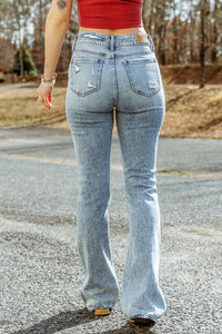 Sky Blue Subtle Ripped Detail Flare Bottom Jeans | Bottoms/Jeans