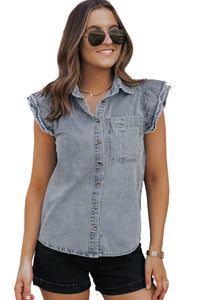 Denim Shirt | Beau Blue Frayed Ruffle Sleeve Top