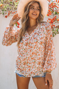 Orange Floral Print V Neck Long Puff Sleeve Top | Tops/Blouses & Shirts